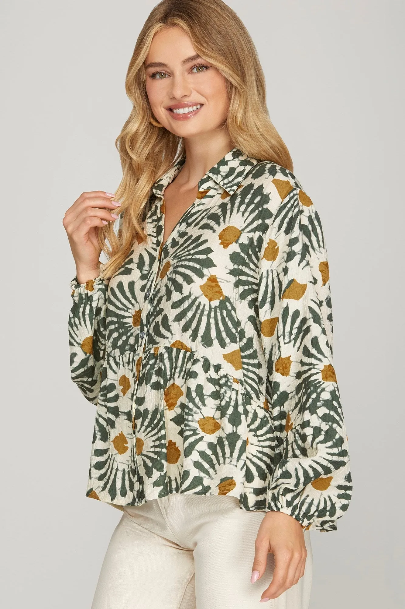 Katherine Printed Button Down Top, Olive sold by North & Main Clothing Company product image thumbnail 4