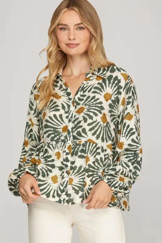 Katherine Printed Button Down Top, Olive made by She and Sky