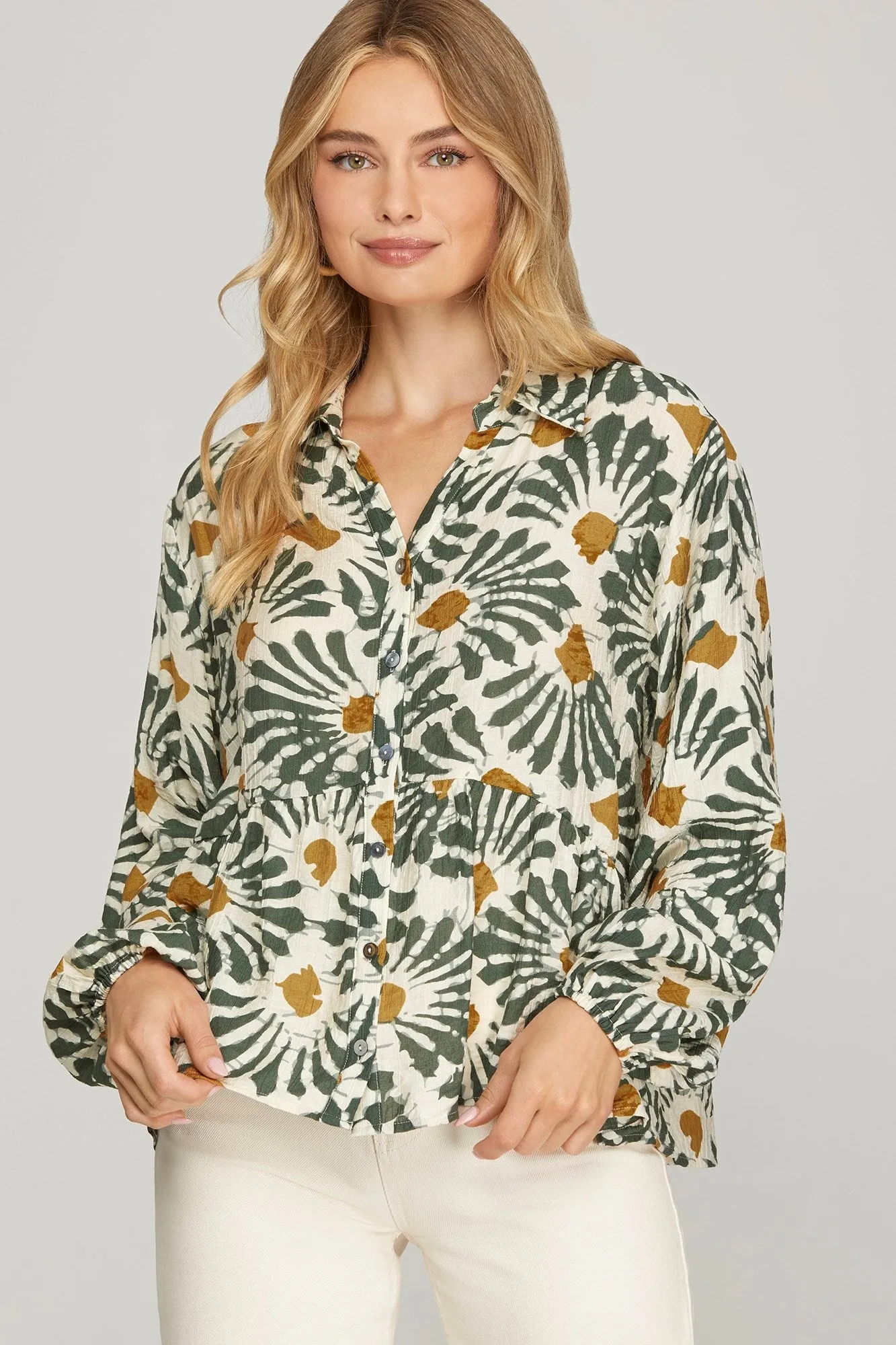 Katherine Printed Button Down Top, Olive sold by North & Main Clothing Company