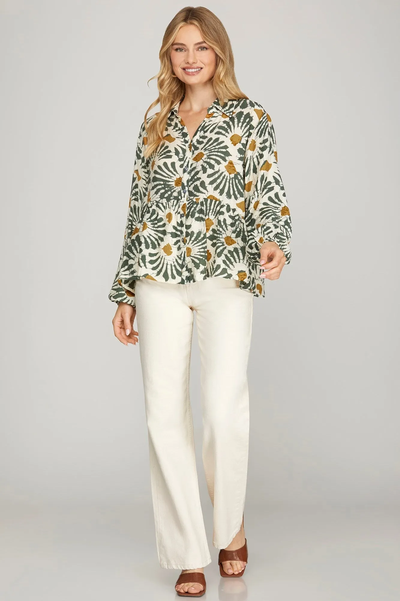 Katherine Printed Button Down Top, Olive sold by North & Main Clothing Company product image thumbnail 2