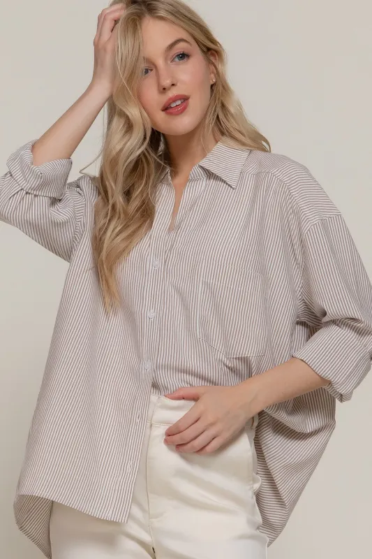 Sadie Oversized Striped Shirt, Khaki/Off White sold by North & Main Clothing Company