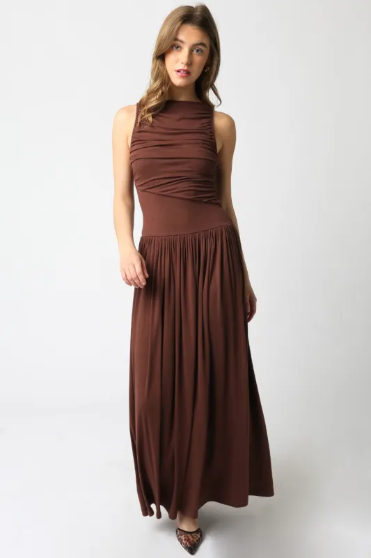 Daphne Boat Neck Ruched Maxi Dress, Brown sold by North & Main Clothing Company