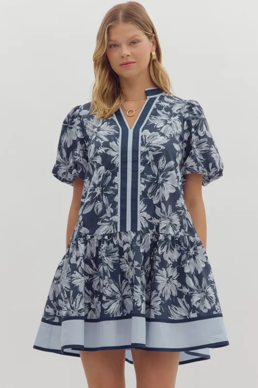 Dinah Puff Sleeve Contrast Stripe Dress, Navy sold by North & Main Clothing Company