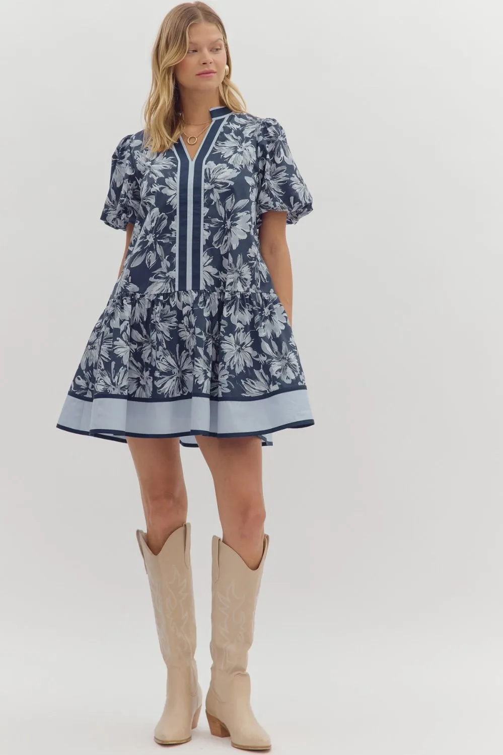Dinah Puff Sleeve Contrast Stripe Dress, Navy sold by North & Main Clothing Company product image thumbnail 2