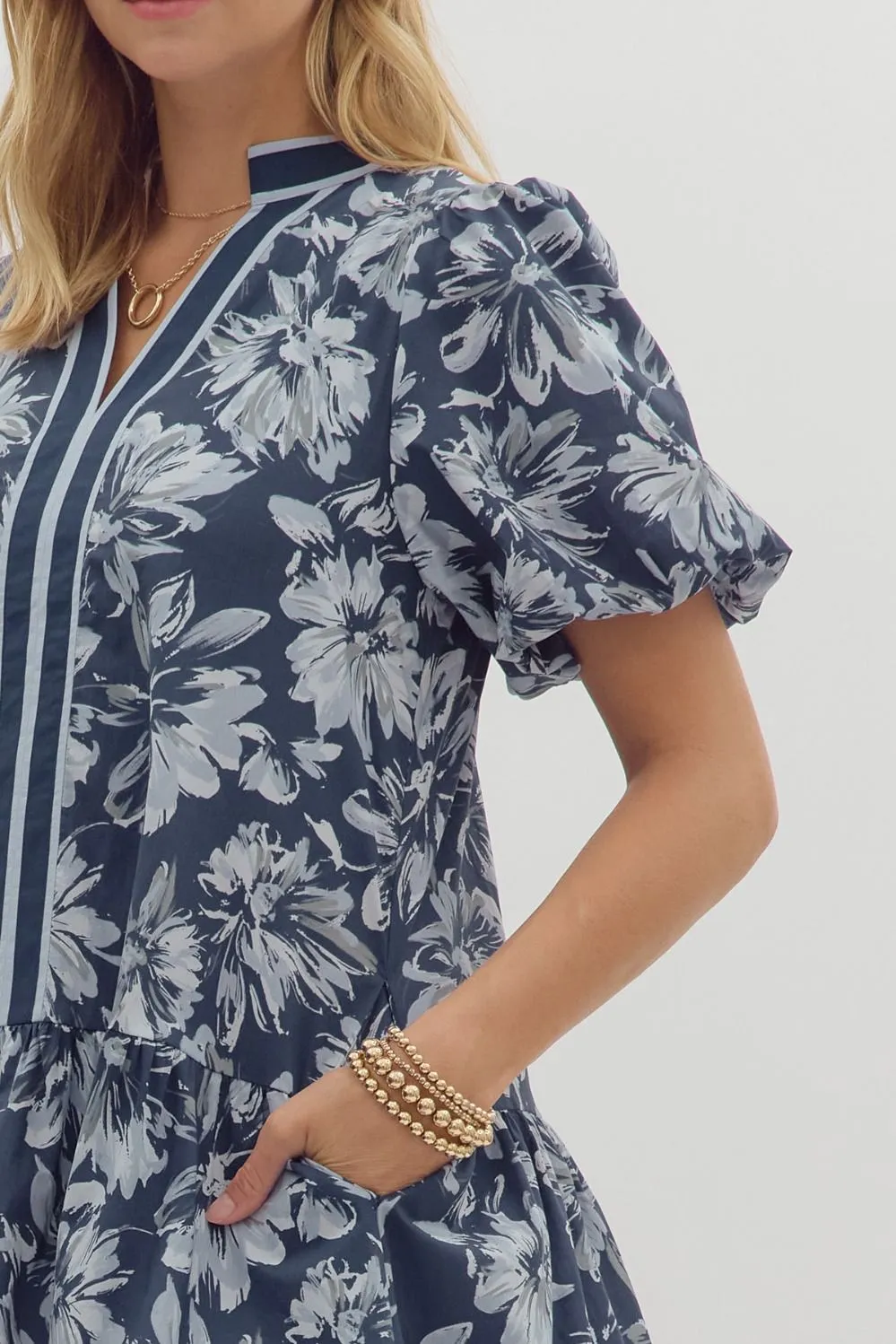 Dinah Puff Sleeve Contrast Stripe Dress, Navy sold by North & Main Clothing Company product image thumbnail 4