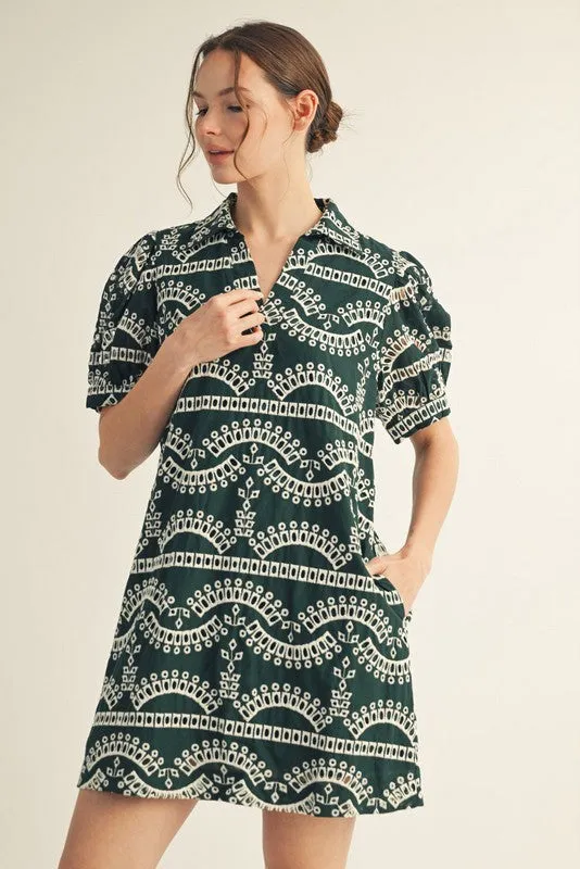Angelica Collared Eyelet Dress, Hunter Green sold by North & Main Clothing Company