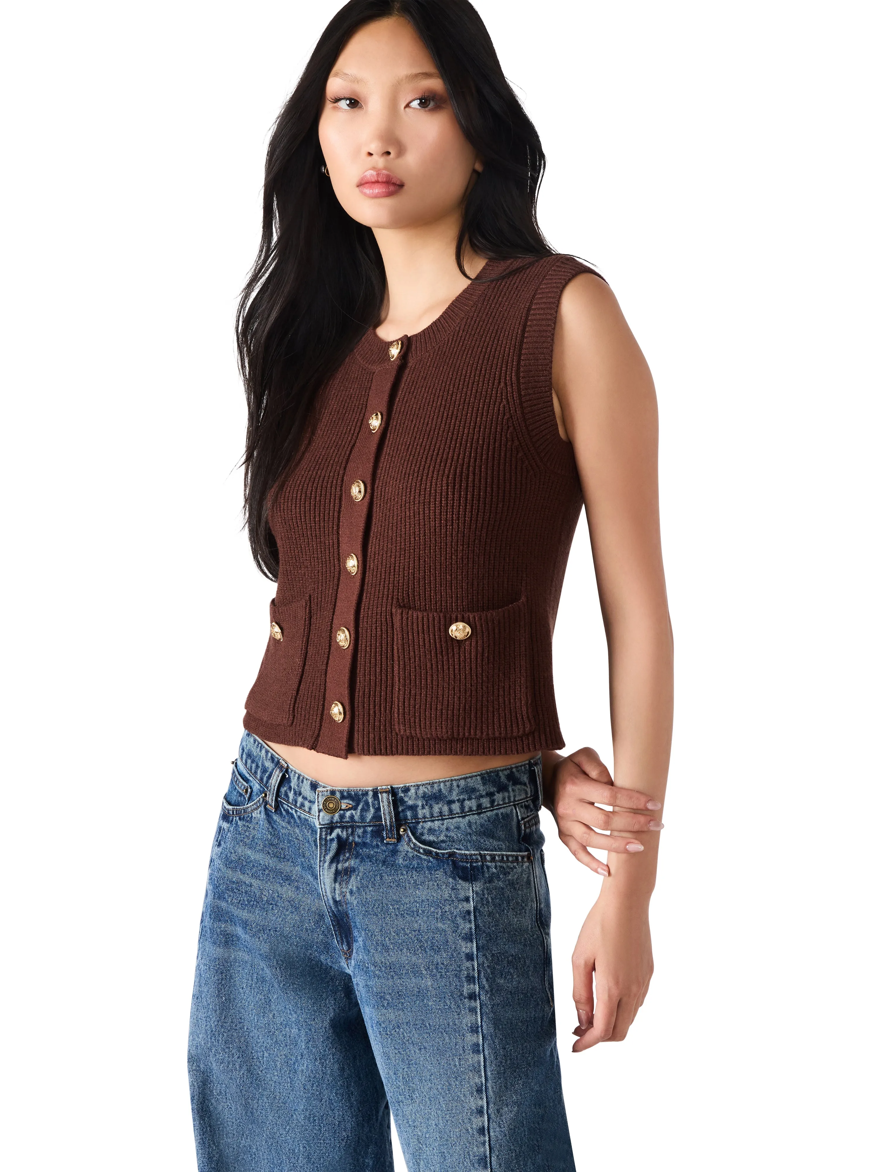Aliya Gold Button Sweater Vest, Chocolate | Steve Madden sold by North & Main Clothing Company product image thumbnail 4