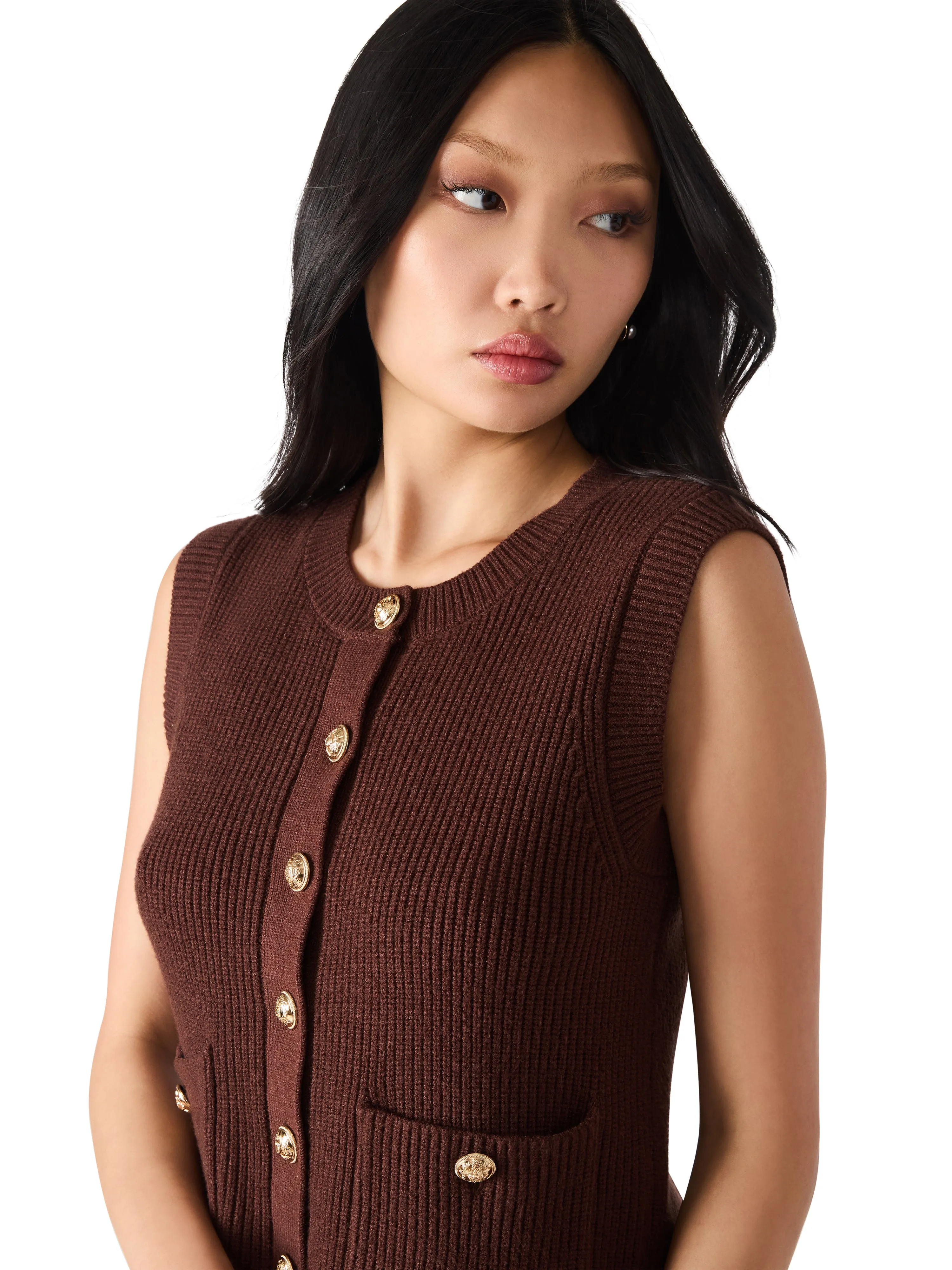 Aliya Gold Button Sweater Vest, Chocolate | Steve Madden sold by North & Main Clothing Company product image thumbnail 3