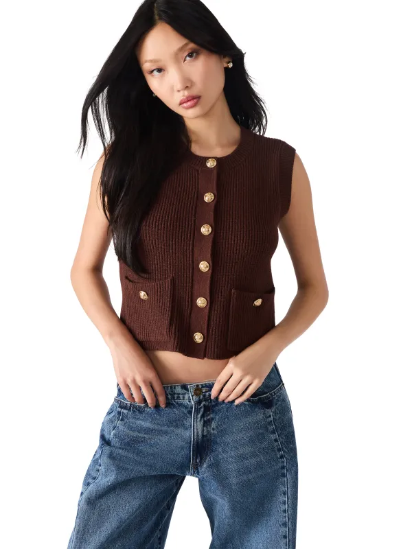 Aliya Gold Button Sweater Vest, Chocolate | Steve Madden sold by North & Main Clothing Company