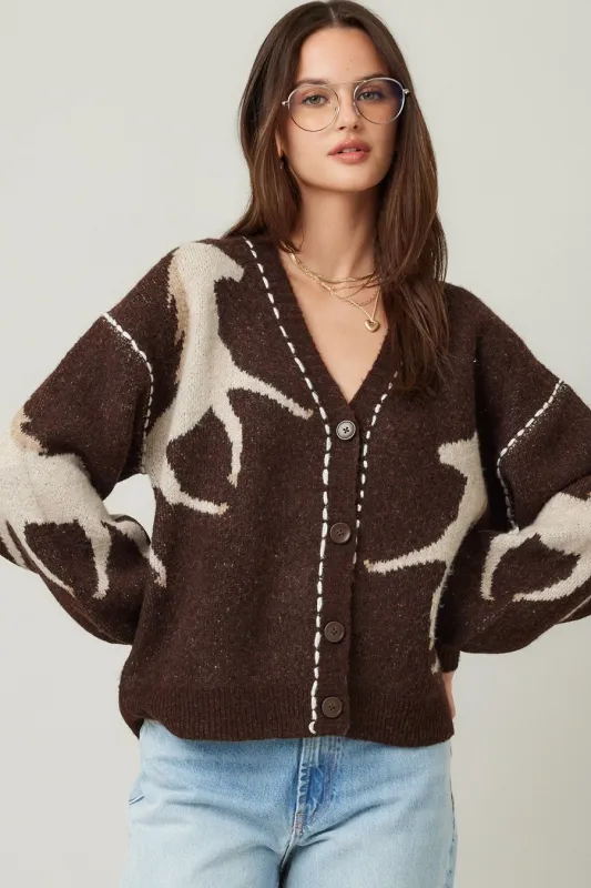 Rebekah Contrast Stitch Horse Cardigan, Brown sold by North & Main Clothing Company