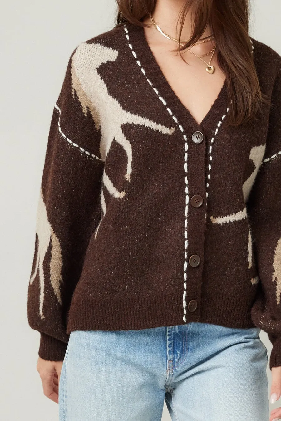 Rebekah Contrast Stitch Horse Cardigan, Brown sold by North & Main Clothing Company product image thumbnail 4