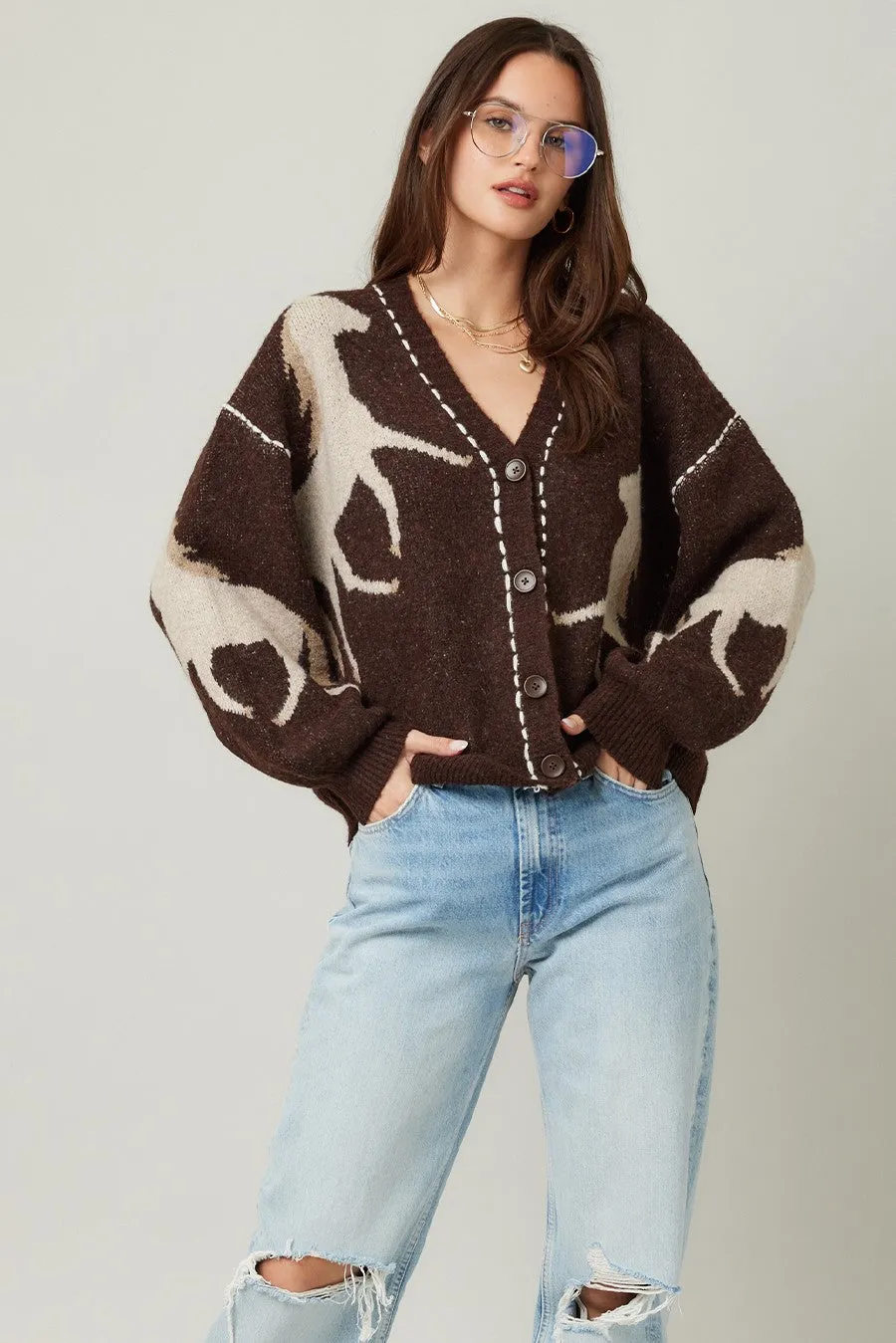 Rebekah Contrast Stitch Horse Cardigan, Brown sold by North & Main Clothing Company product image thumbnail 3