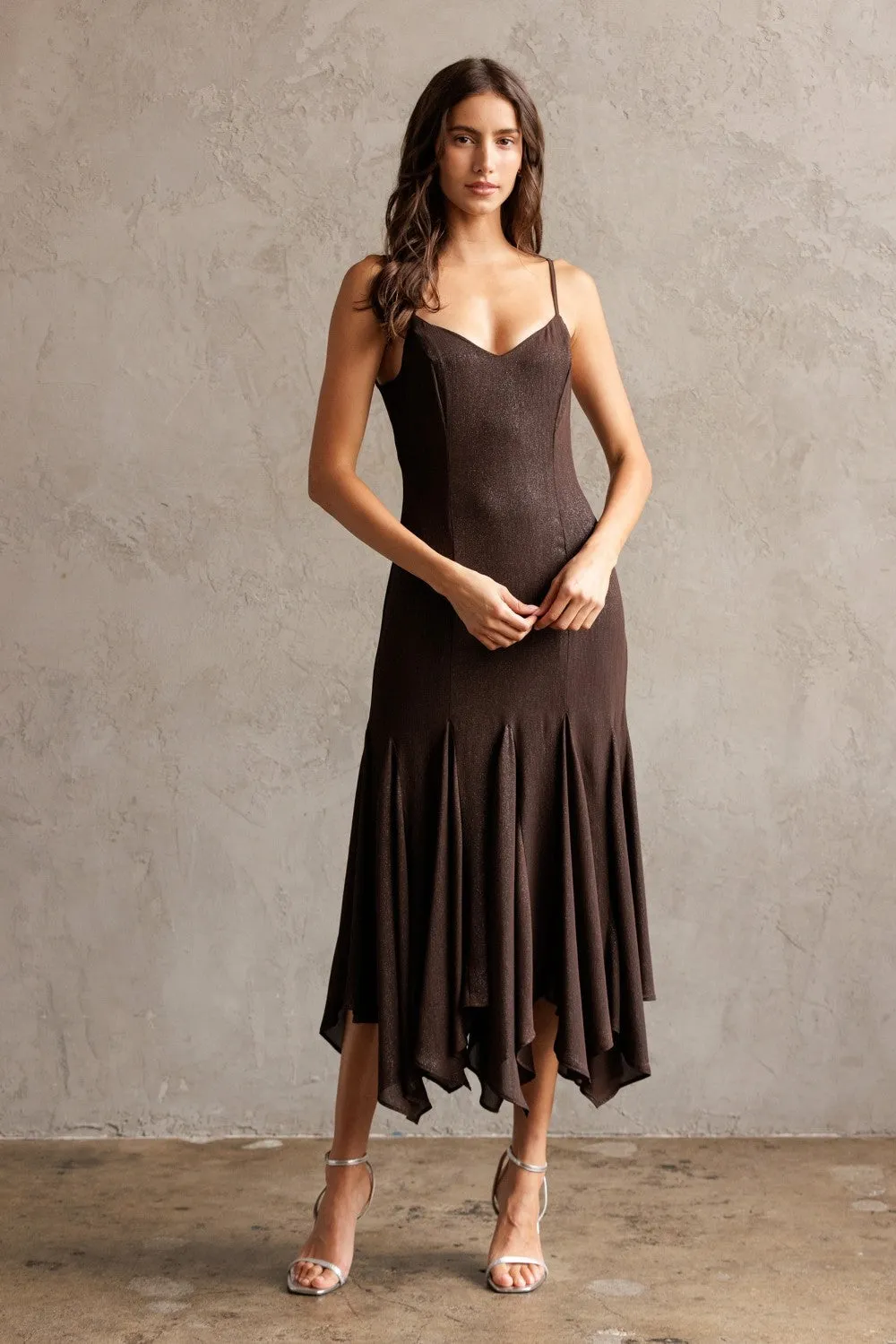 Phoebe Shimmering Asymmetric Hem Dress, Brown sold by North & Main Clothing Company product image thumbnail 2