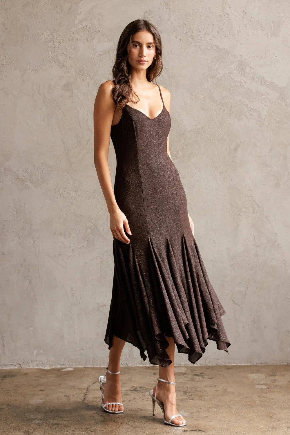 Phoebe Shimmering Asymmetric Hem Dress, Brown sold by North & Main Clothing Company product image thumbnail 5