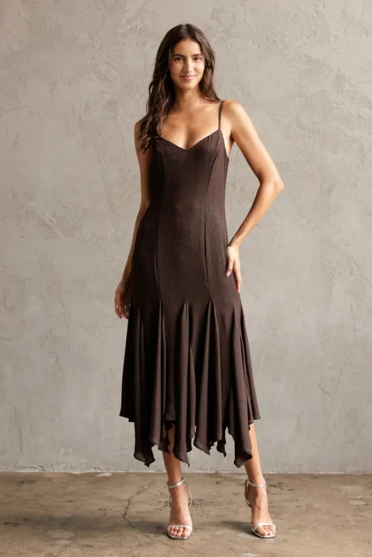 Phoebe Shimmering Asymmetric Hem Dress, Brown made by Storia