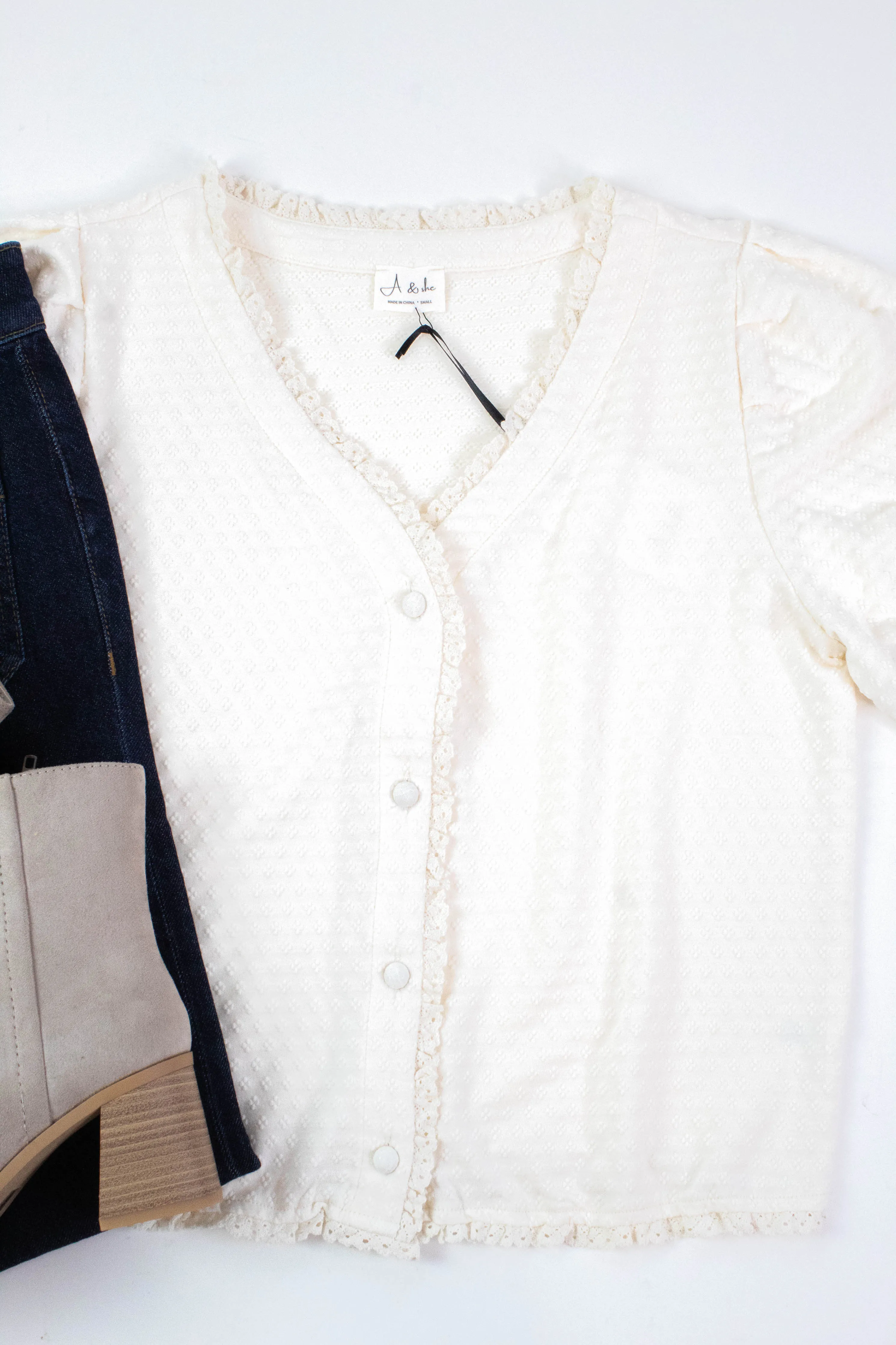 Esther Textured Lace Trim Top, Off White sold by North & Main Clothing Company