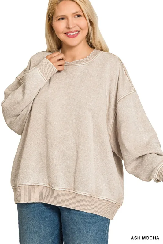Myra Acid Wash Oversized Fleece Pullover, Ash Mocha | Plus Size sold by North & Main Clothing Company