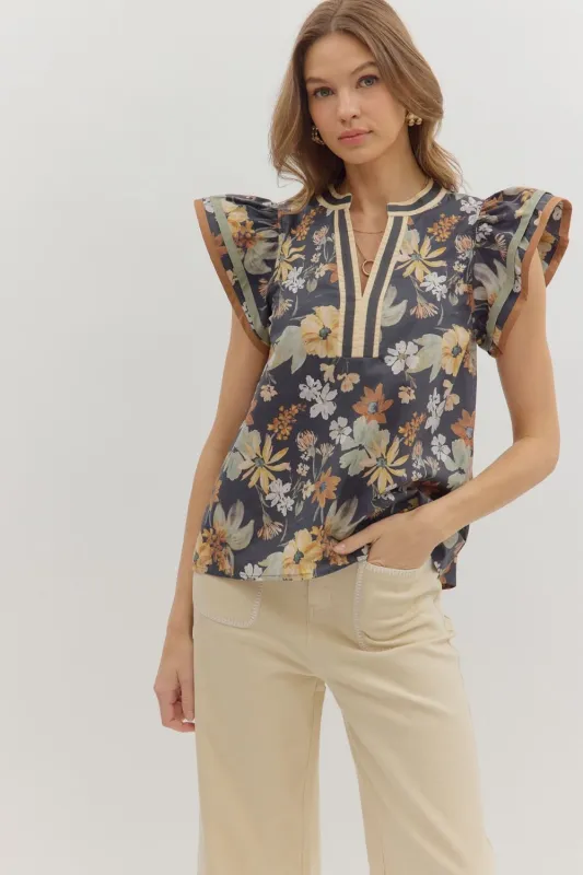 Flora Contrast Stripe V-Neck Top, Charcoal made by entro