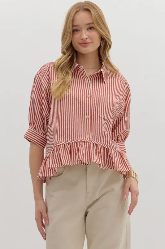 Indie Striped Ruffle Hem Button Up Top, Brick sold by North & Main Clothing Company