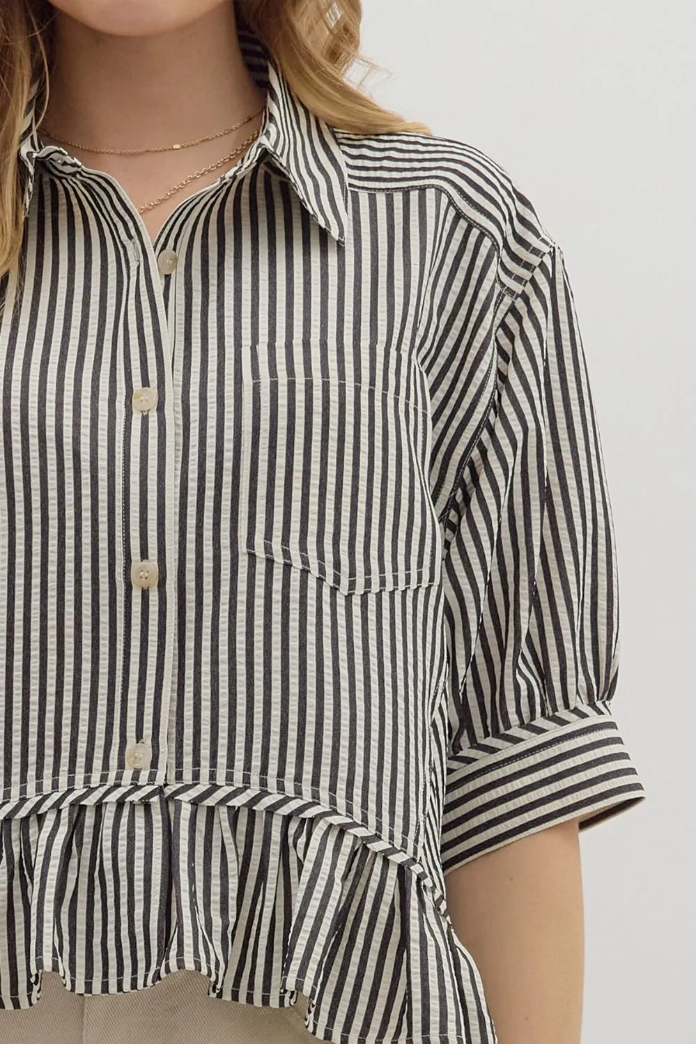 Indie Striped Ruffle Hem Button Up Top, Black sold by North & Main Clothing Company product image thumbnail 3