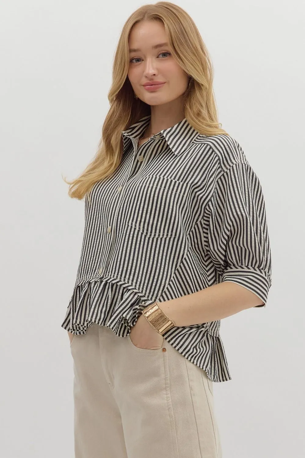 Indie Striped Ruffle Hem Button Up Top, Black sold by North & Main Clothing Company product image thumbnail 4