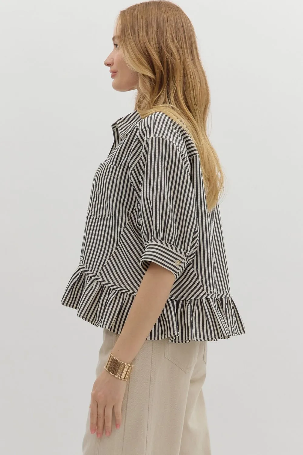 Indie Striped Ruffle Hem Button Up Top, Black sold by North & Main Clothing Company product image thumbnail 5