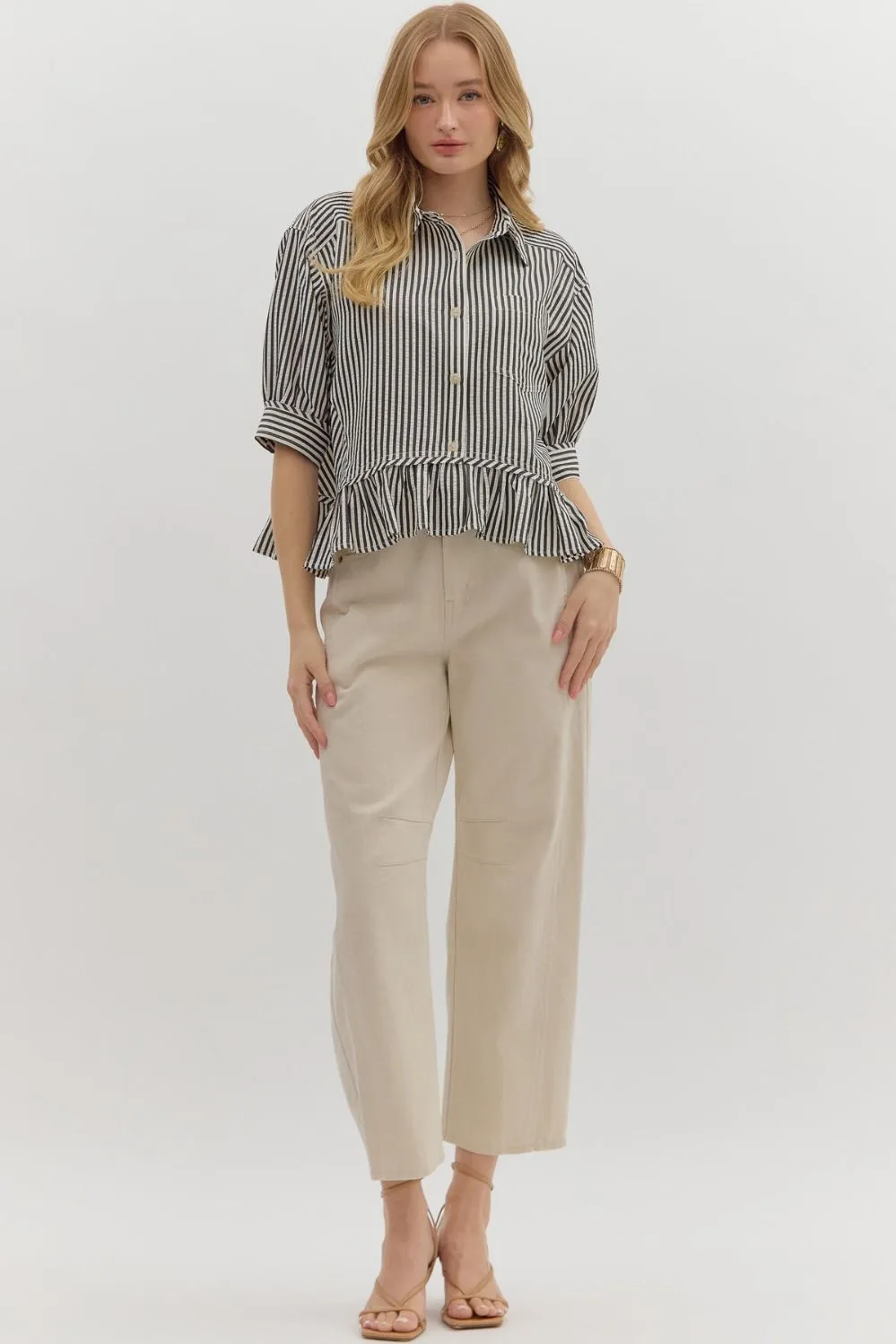 Indie Striped Ruffle Hem Button Up Top, Black sold by North & Main Clothing Company product image thumbnail 2