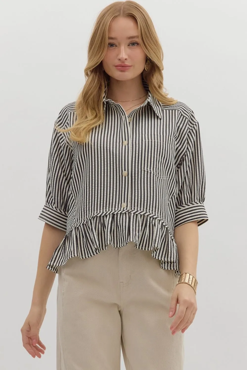 Indie Striped Ruffle Hem Button Up Top, Black sold by North & Main Clothing Company
