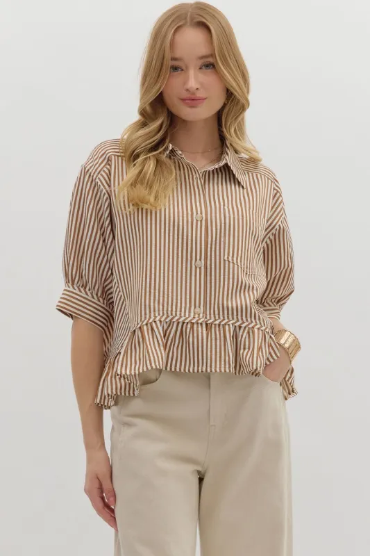 Indie Striped Ruffle Hem Button Up Top, Brown sold by North & Main Clothing Company