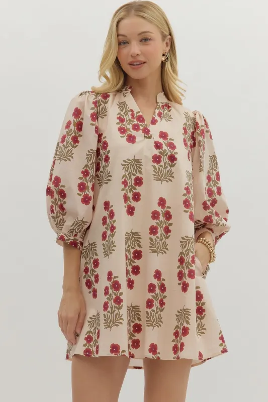 Esme Floral V-Neck Mini Dress, Red Ecru sold by North & Main Clothing Company