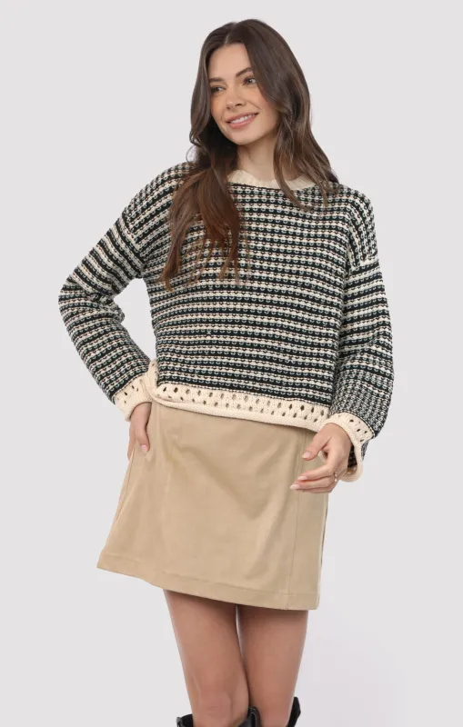 Samantha Contrast Trim Sweater, Black Multi | Sadie & Sage sold by North & Main Clothing Company