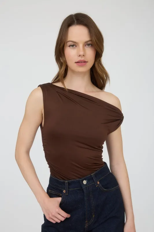 Delia Asymmetrical Off Shoulder Top, Chocolate sold by North & Main Clothing Company