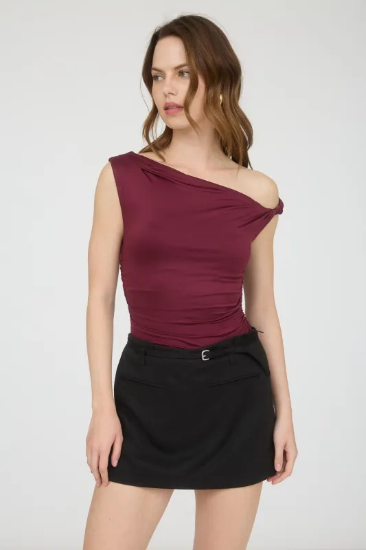 Delia Asymmetrical Off Shoulder Top, Burgundy sold by North & Main Clothing Company