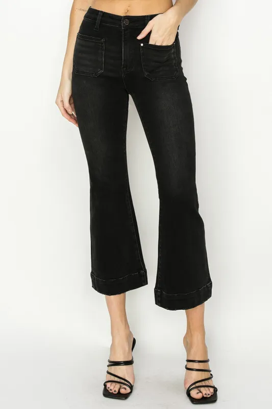 Amelia Patch Pocket Ankle Flare Jeans, Black sold by North & Main Clothing Company