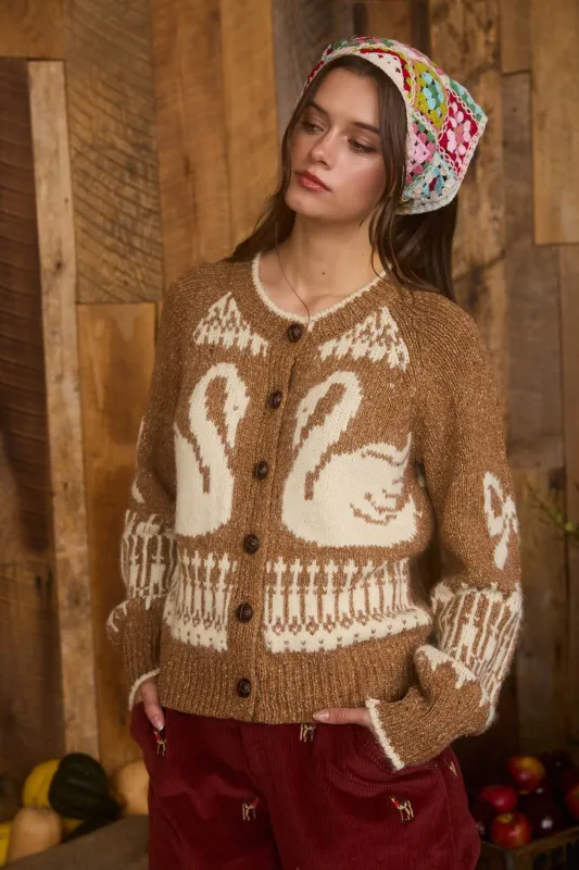 Tali Swan Jacquard Cardigan, Caramel made by Blu Pepper