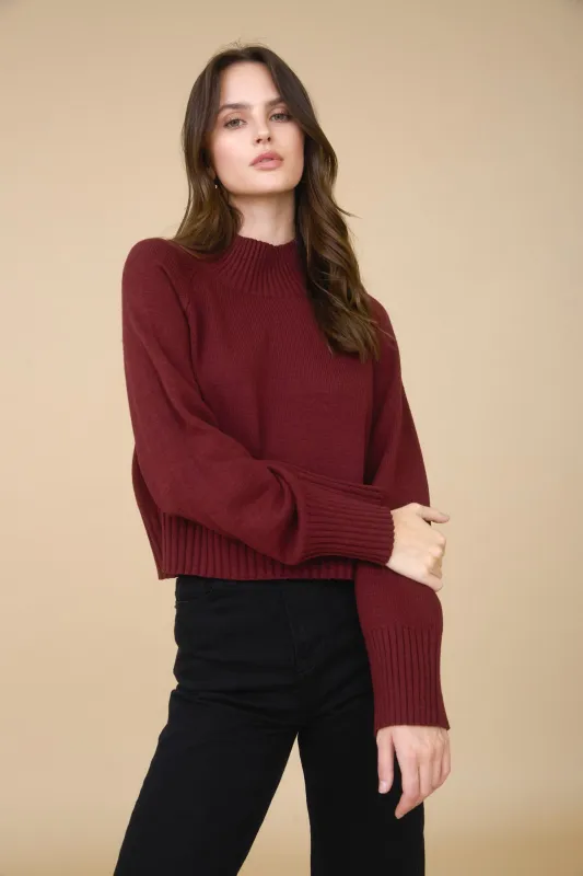 Roxy Mock Neck Rib Detail Sweater, Red Wood sold by North & Main Clothing Company