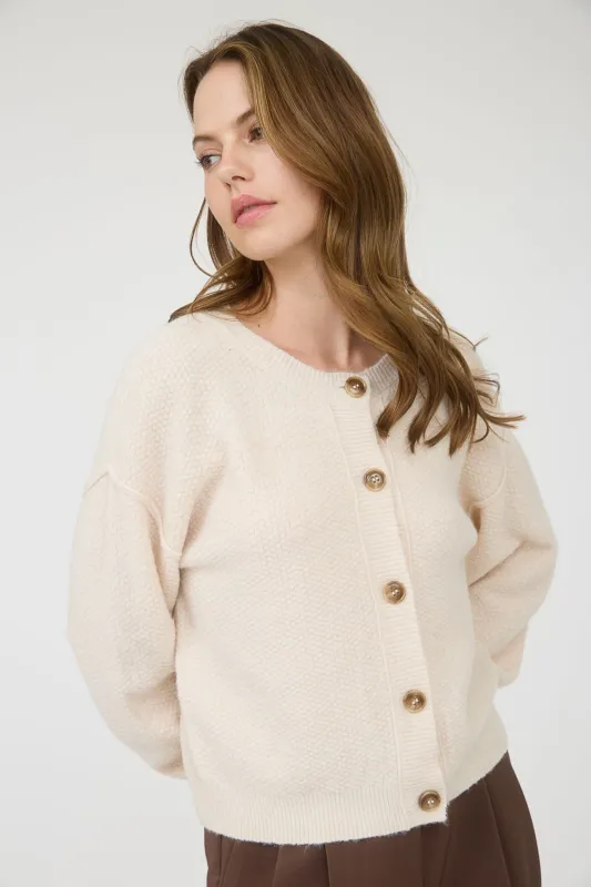 Aria Rib Trim Round Neck Cardigan, Ivory sold by North & Main Clothing Company
