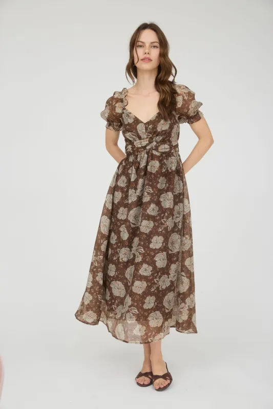 Joy Floral Sweetheart Midi Dress, Brown Multi sold by North & Main Clothing Company
