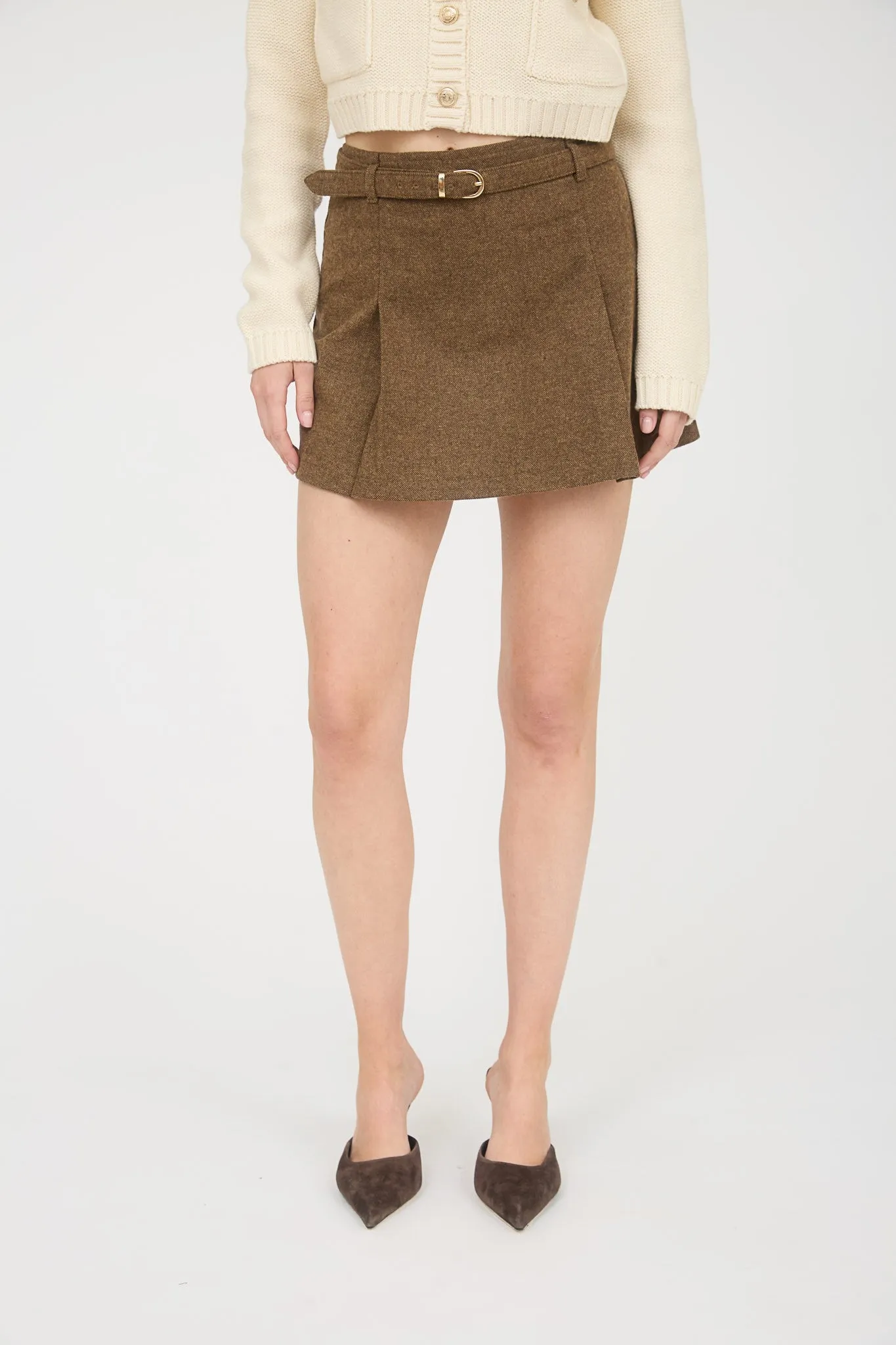 Ada Box Pleated Belted Skirt, Brown sold by North & Main Clothing Company