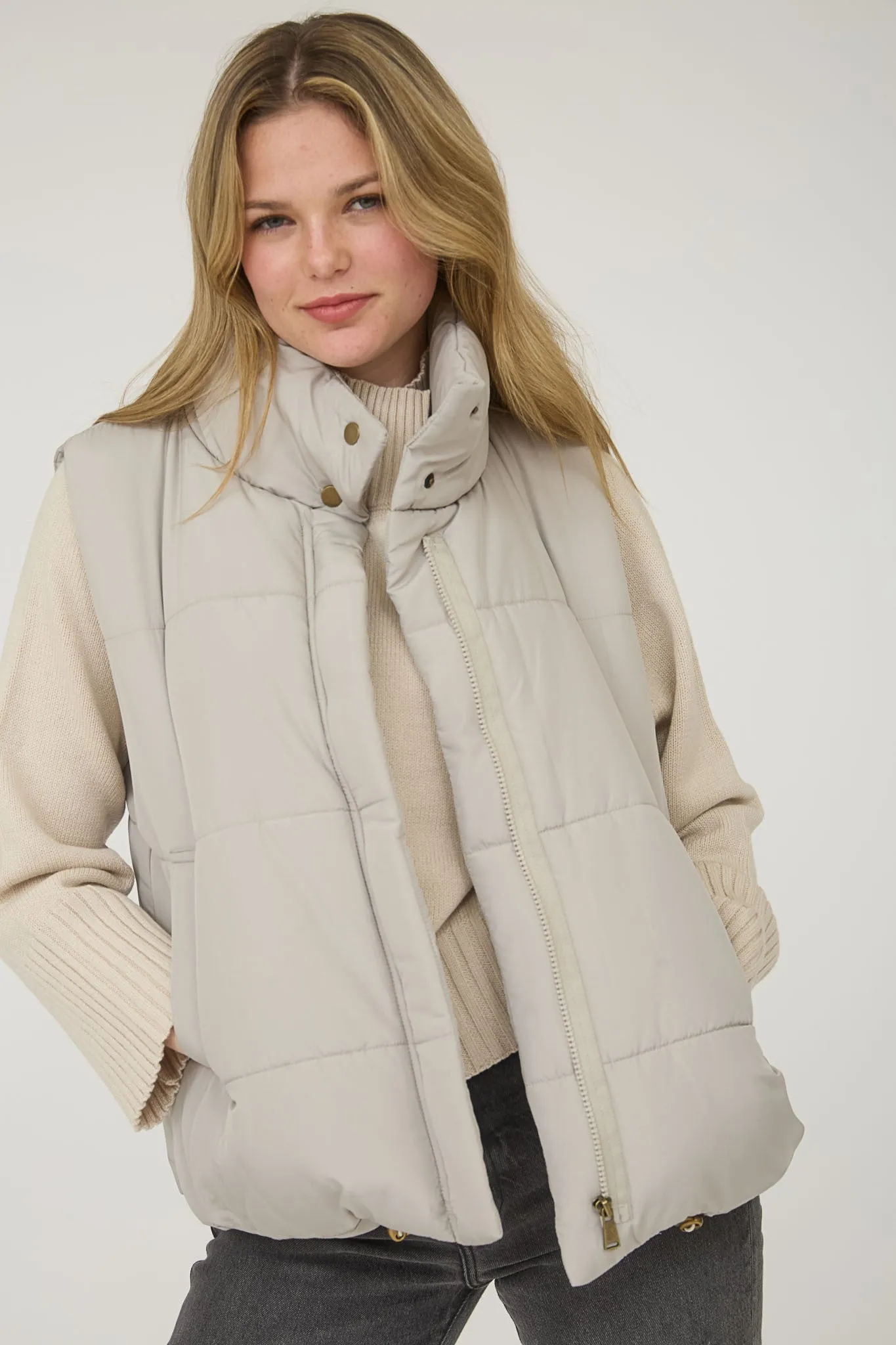 Liv Solid Zip Up Puffer Vest, Cement sold by North & Main Clothing Company product image thumbnail 2