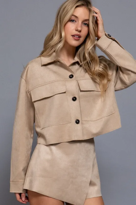 Monet Faux Suede Short Jacket, Sand Taupe sold by North & Main Clothing Company