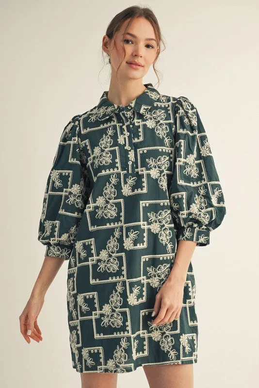 Greta Embroidered Dress, Hunter Green sold by North & Main Clothing Company