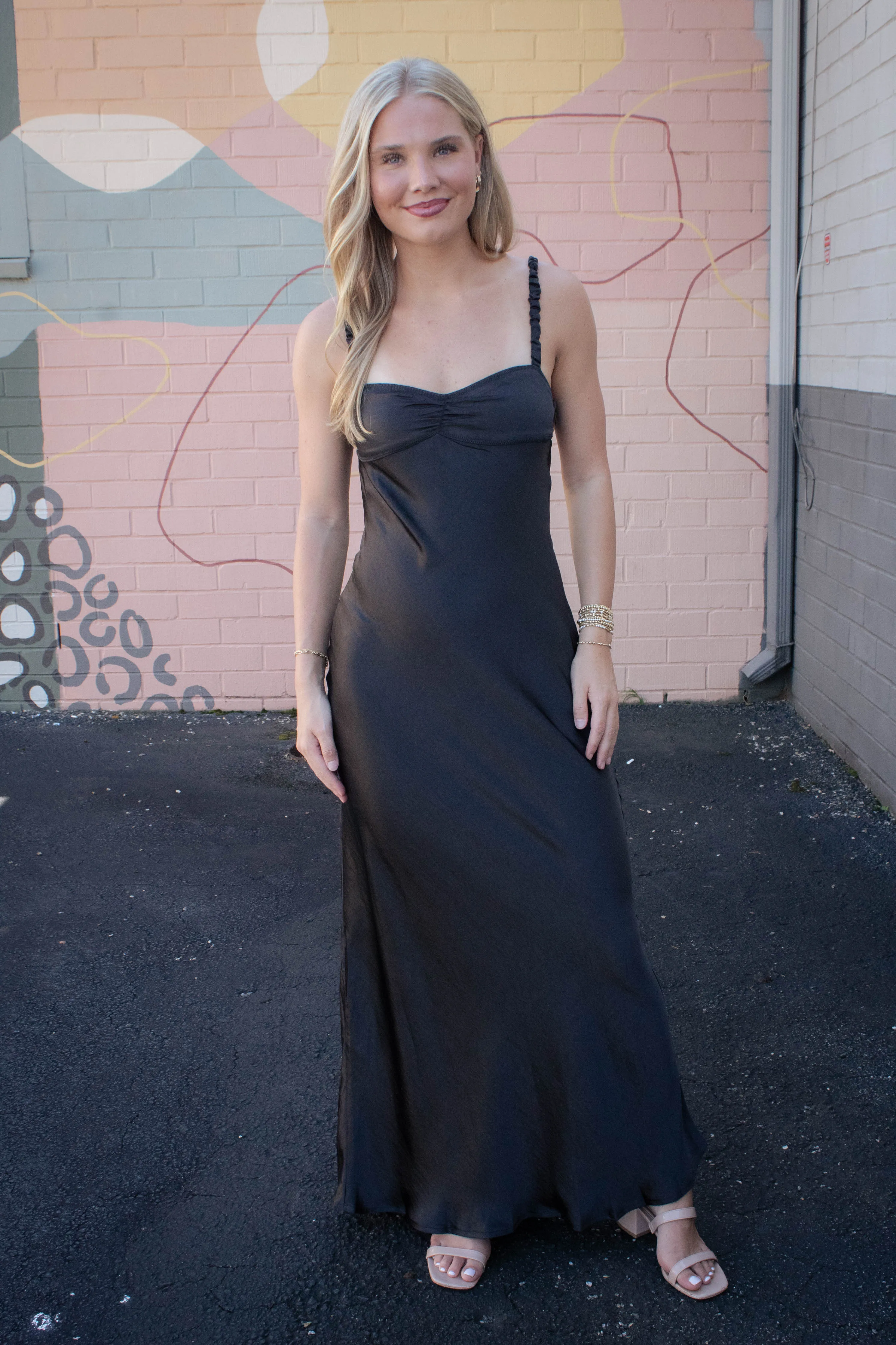 Lana Sweetheart Neck Satin Maxi Dress, Black sold by North & Main Clothing Company product image thumbnail 4