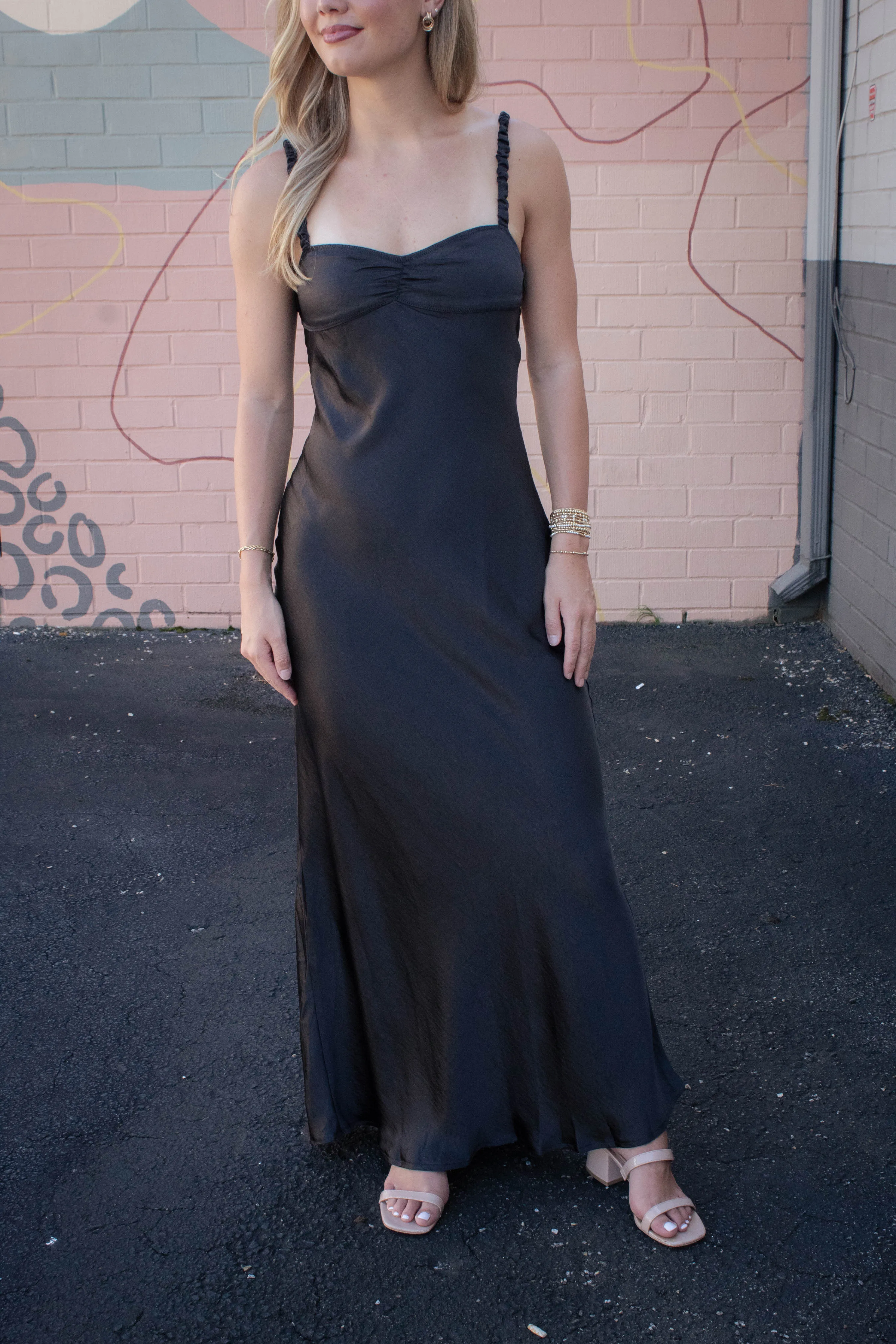 Lana Sweetheart Neck Satin Maxi Dress, Black sold by North & Main Clothing Company product image thumbnail 3