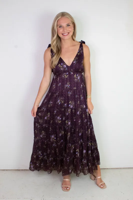 Gigi Tie Strap Printed Maxi Dress, Plum Multi Floral sold by North & Main Clothing Company