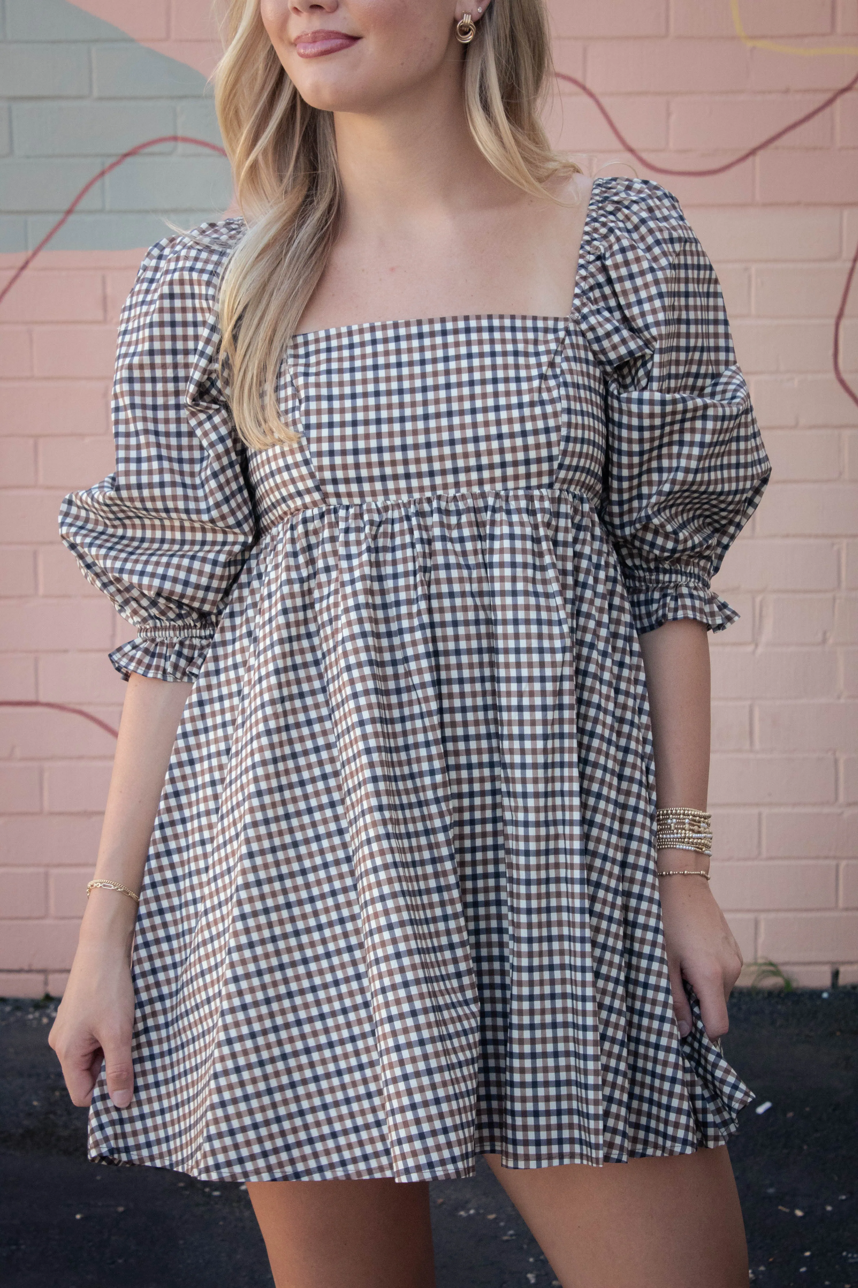 Rumi Square Neck Plaid Mini Dress, Navy/Brown sold by North & Main Clothing Company product image thumbnail 3