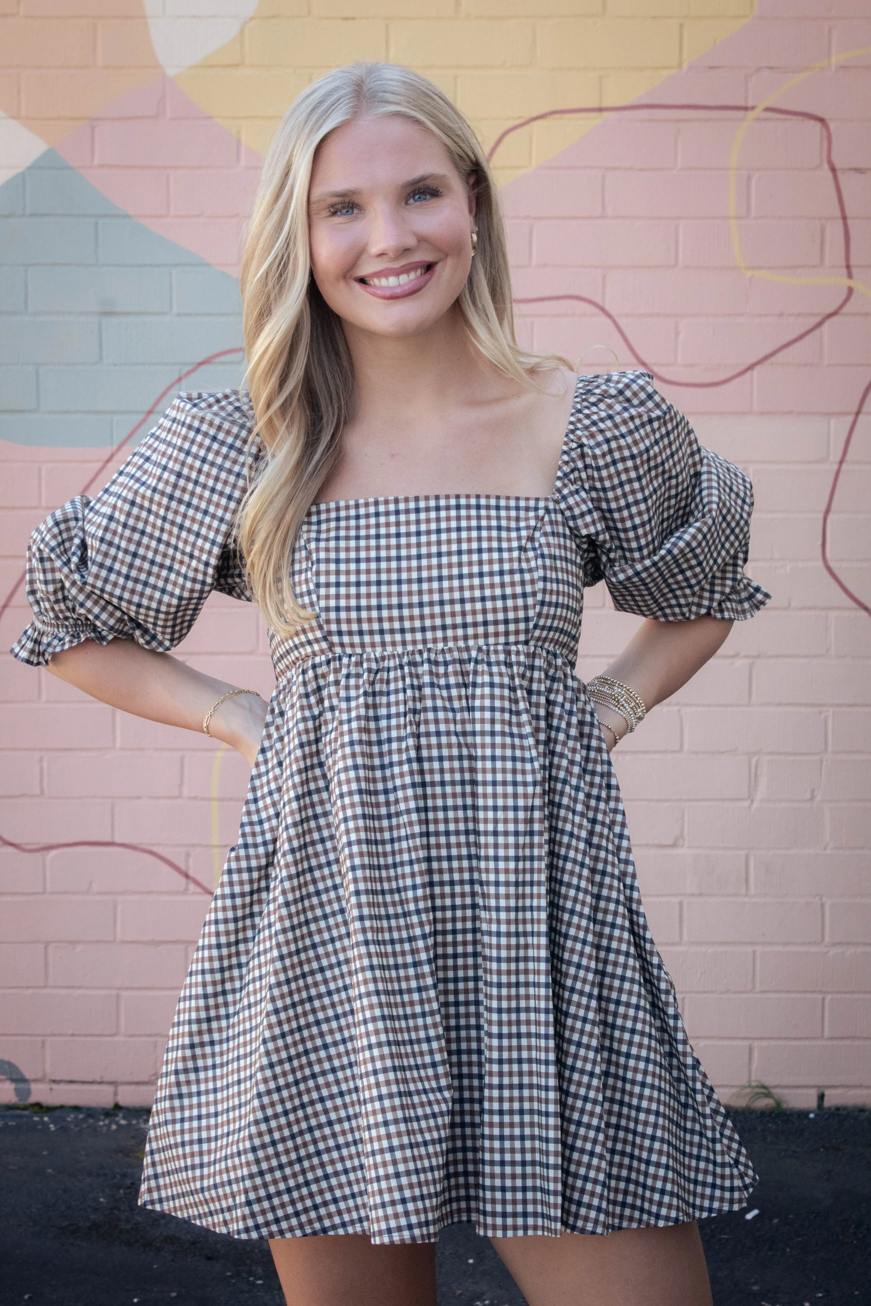 Rumi Square Neck Plaid Mini Dress, Navy/Brown sold by North & Main Clothing Company product image thumbnail 4