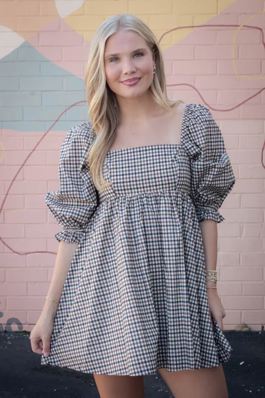 Rumi Square Neck Plaid Mini Dress, Navy/Brown sold by North & Main Clothing Company