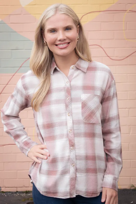 Juliette Plaid Button Up Shirt, Dusty Pink sold by North & Main Clothing Company