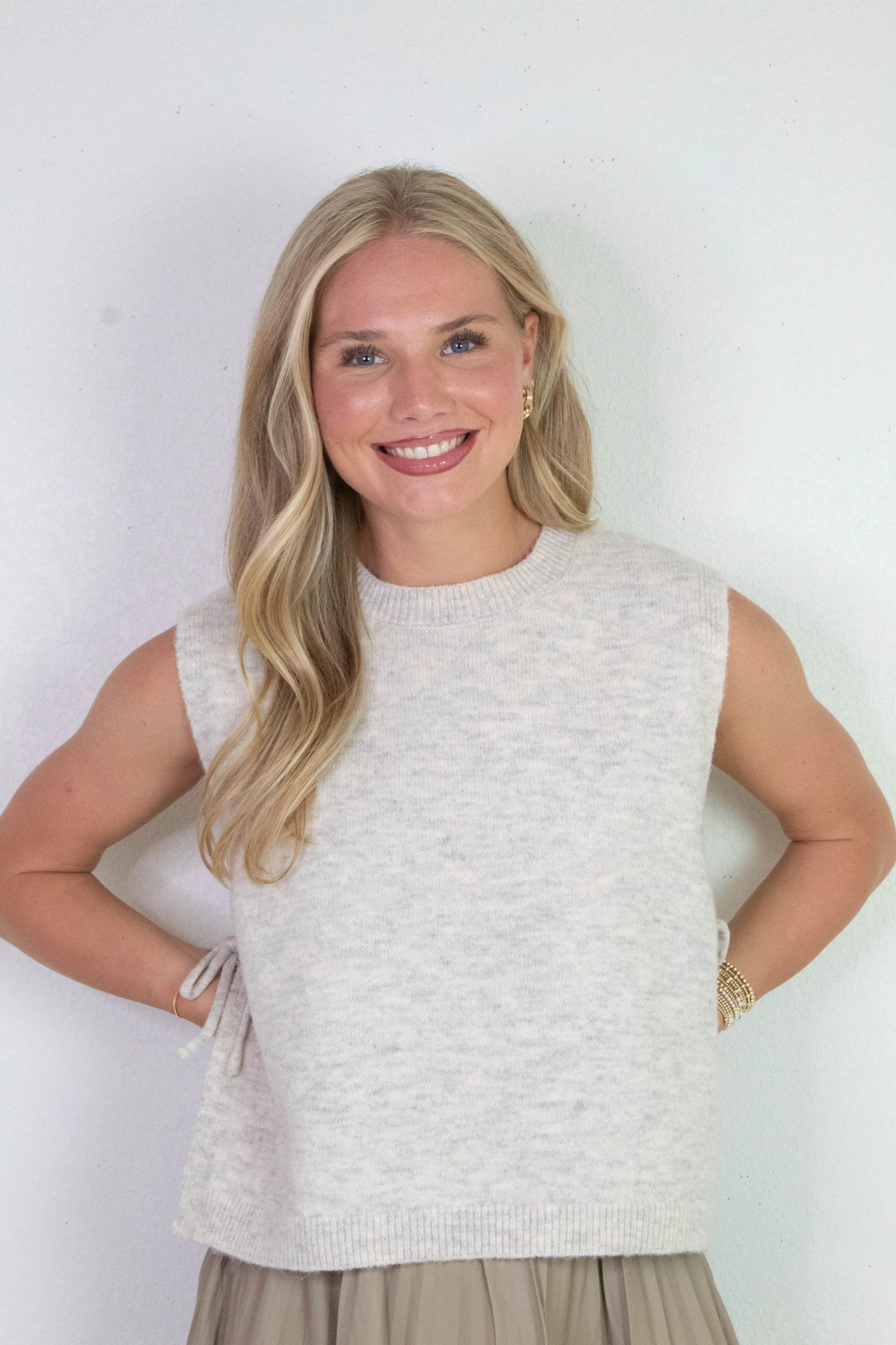 Sybil Side Tie Sweater Vest, Oatmeal sold by North & Main Clothing Company